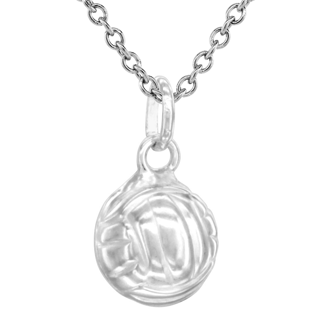 Sterling Silver Volleyball Necklace 3-D Hollow with 24 inch Surgical Steel Chain Italy, 1/2 inch,