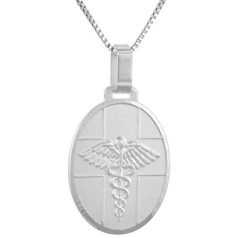 Sterling Silver Medical Alert Necklace Oval Italy 1 1/8 inch