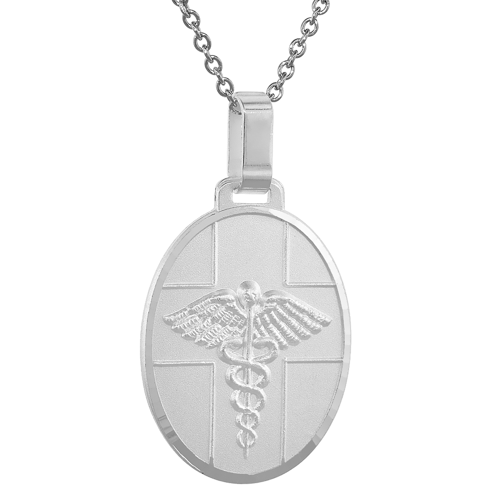 Sterling Silver Medical Alert Necklace Oval with 24 inch Surgical Steel Chain Italy 1 1/8 inch