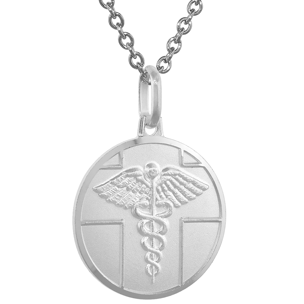 Sterling Silver Medical Alert Necklace Round with 24 inch Surgical Steel Chain Italy 3/4 inch