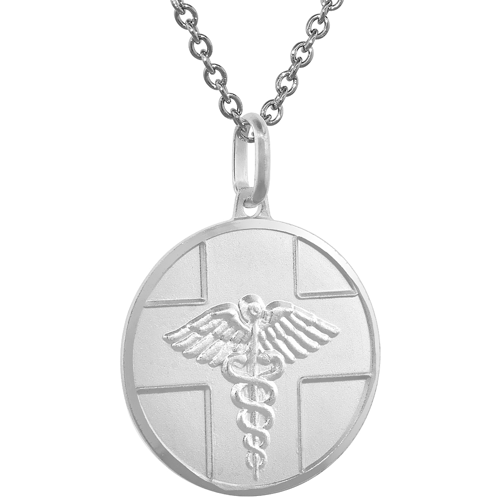 Sterling Silver Medical Alert Necklace Round with 24 inch Surgical Steel Chain Italy 7/8 inch