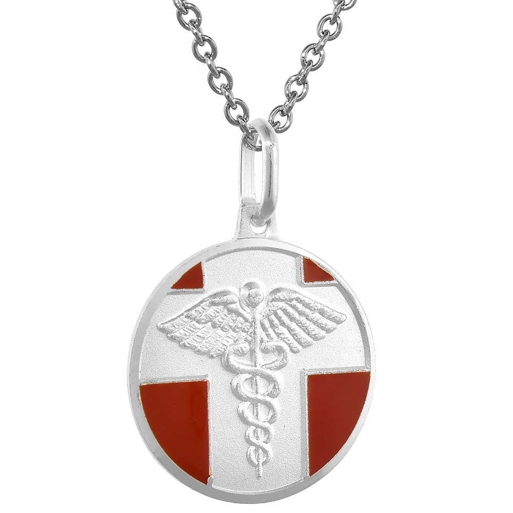 Sterling Silver Medical Alert Necklace Round Red Enamel with 24 inch Surgical Steel Chain Italy 3/4 inch