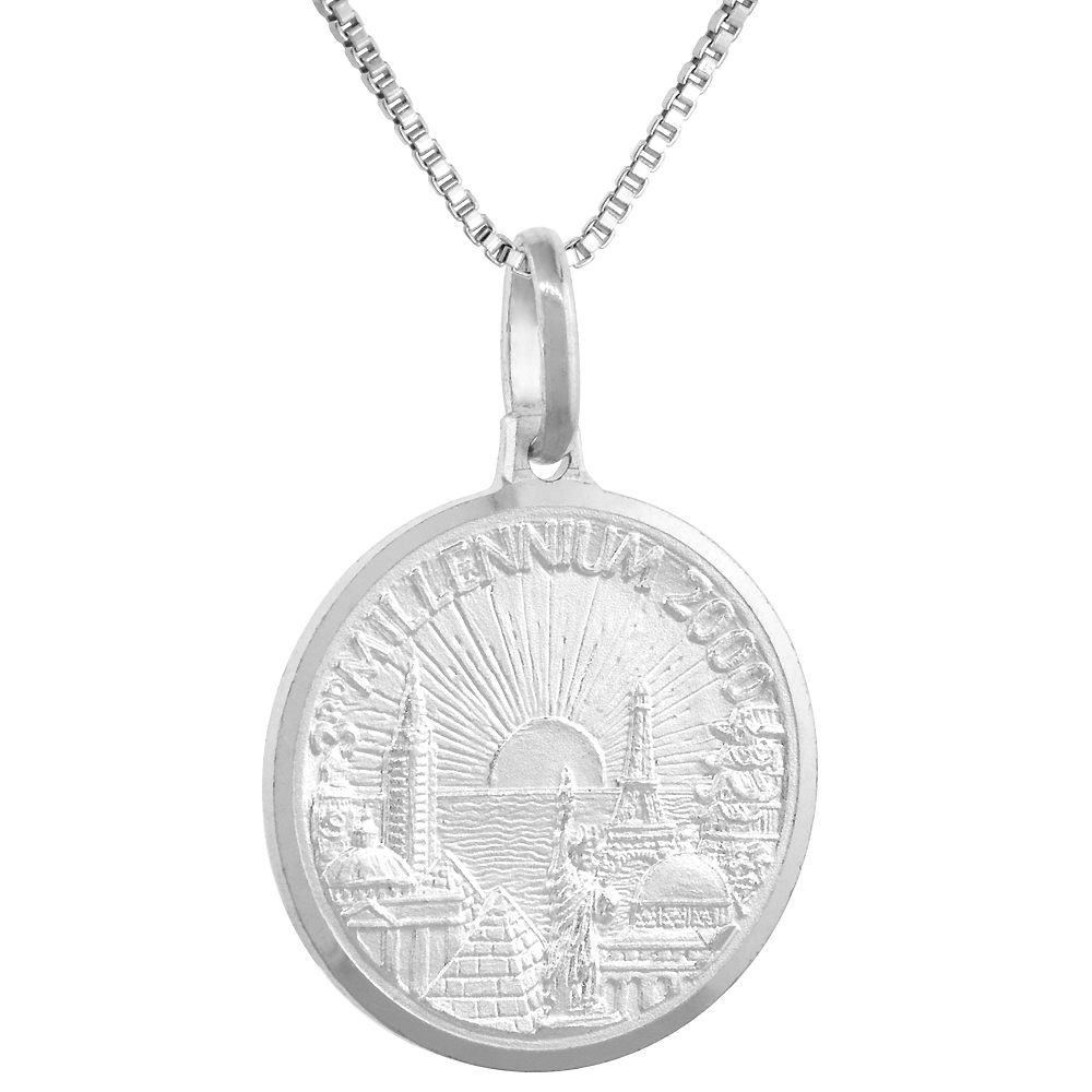 Sterling Silver Millennium 2000 Medal Necklace 3/4 inch Round Italy