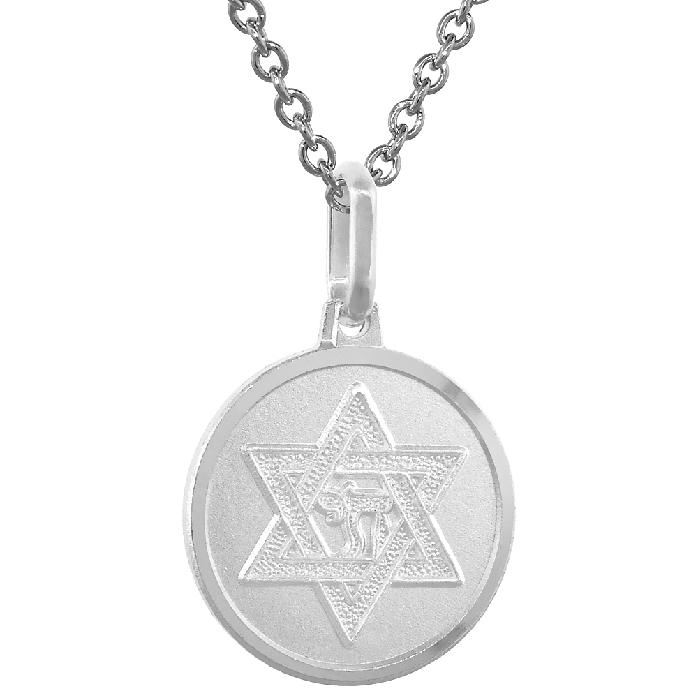 Dainty Sterling Silver Star of David Medal Necklace 5/8 inch Round Italy