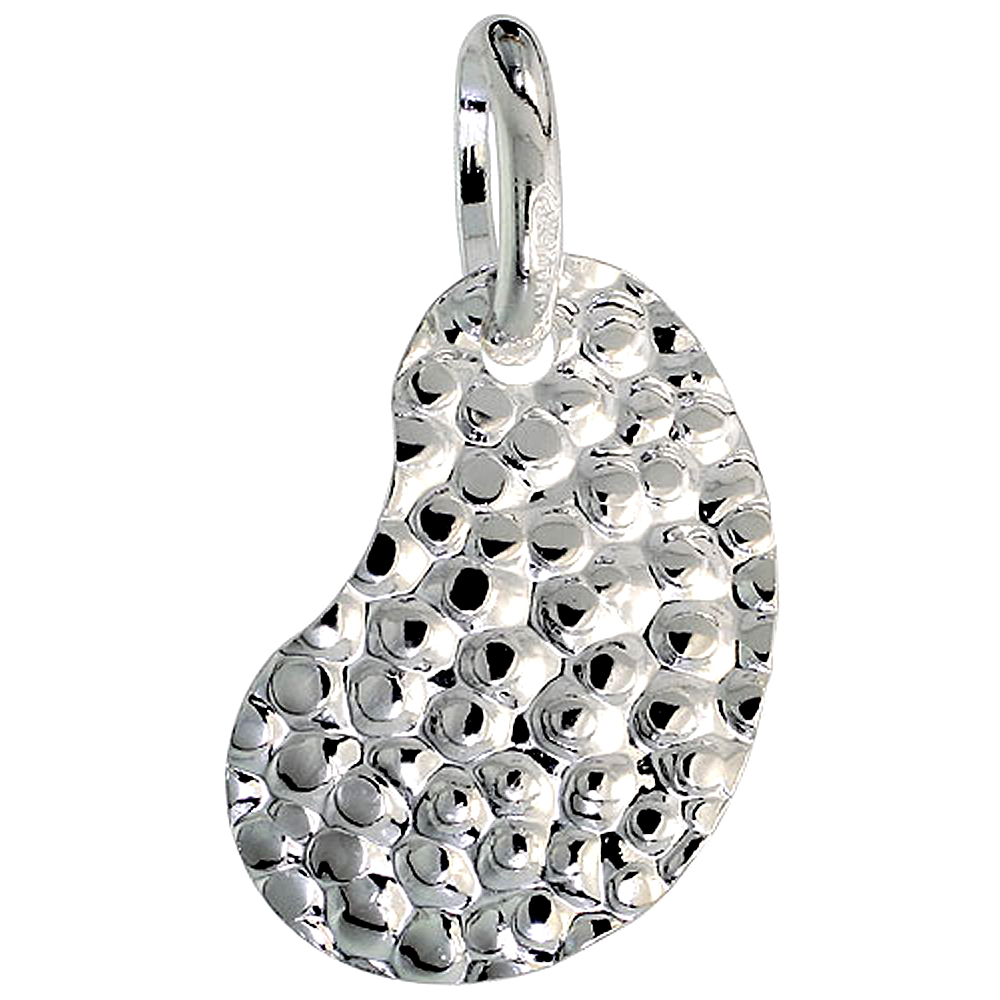 Sterling Silver Hammered Finish Kidney Necklace with 24 inch Surgical Steel Chain Italy, 1 inch