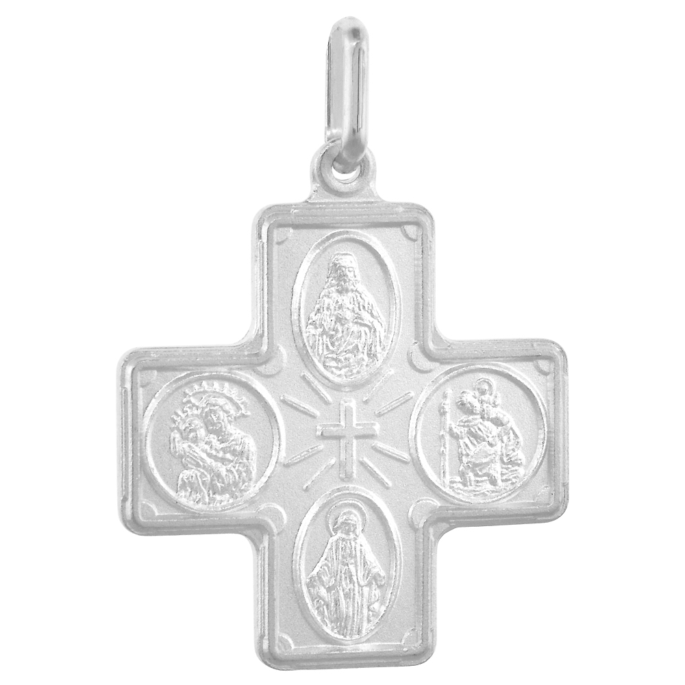 22mm Sterling Silver 4-way Cross Medal Necklace For Men &amp; Women 1 inch Nickel Free Italy