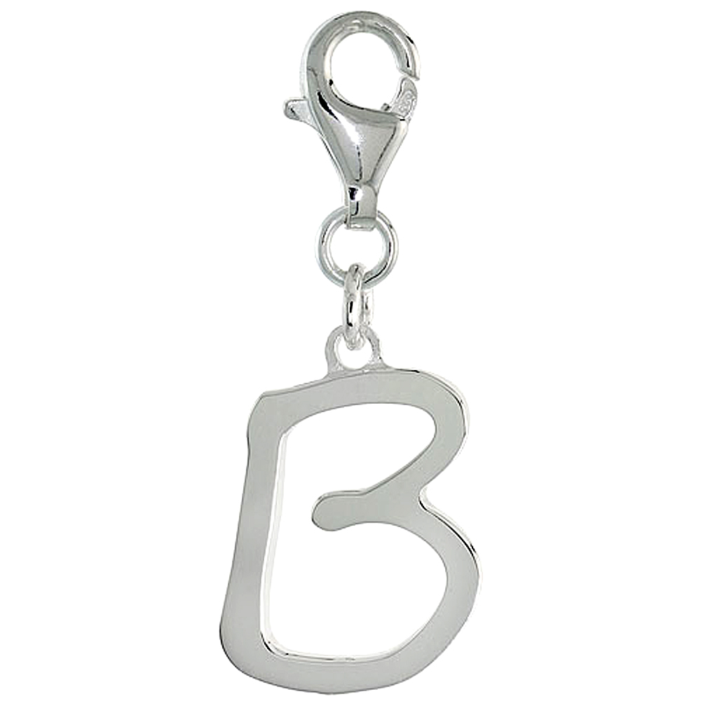 Sterling Silver Block Initial Charm B Alphabet Pendant Lobster Claw Clasp High Polished, 7/8 inch