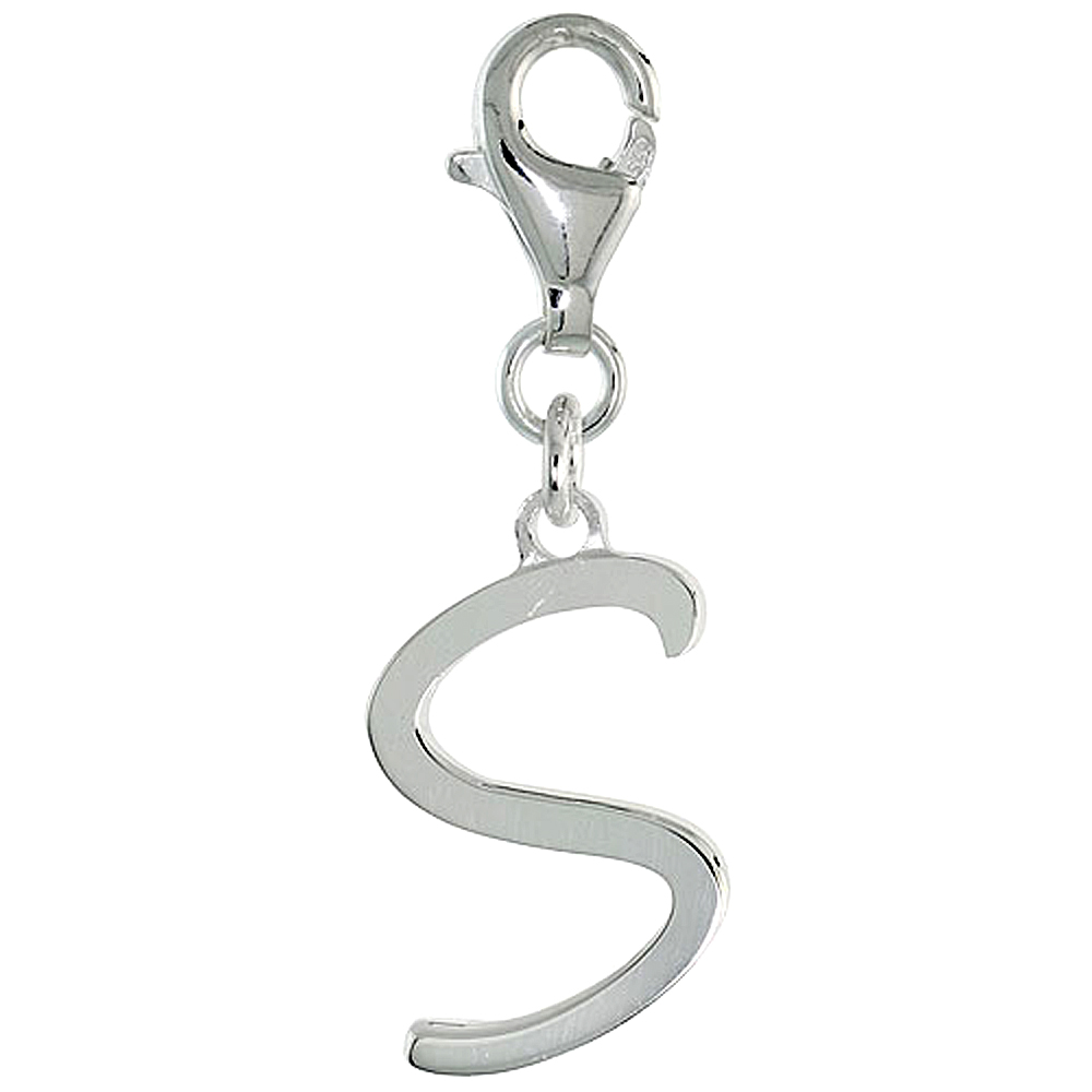 Sterling Silver Block Initial Charm S Alphabet Pendant Lobster Claw Clasp High Polished, 7/8 inch