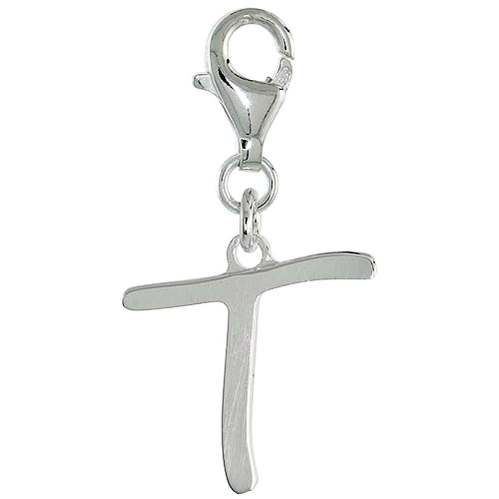 Sterling Silver Block Initial Charm T Alphabet Pendant Lobster Claw Clasp High Polished, 7/8 inch