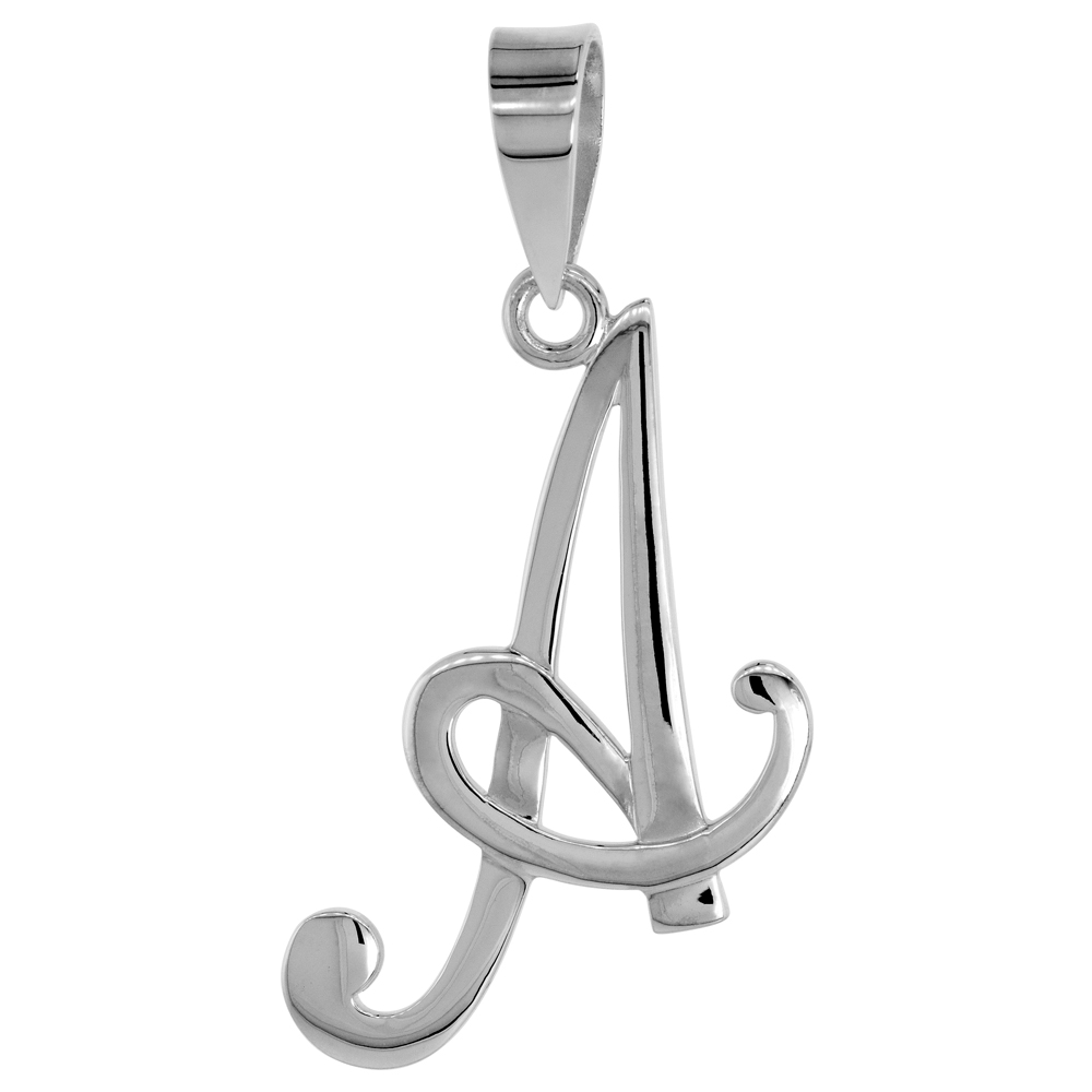 Sterling Silver Script Initial Letter A Alphabet Pendant Flawless Polish, 1 1/2 inch high