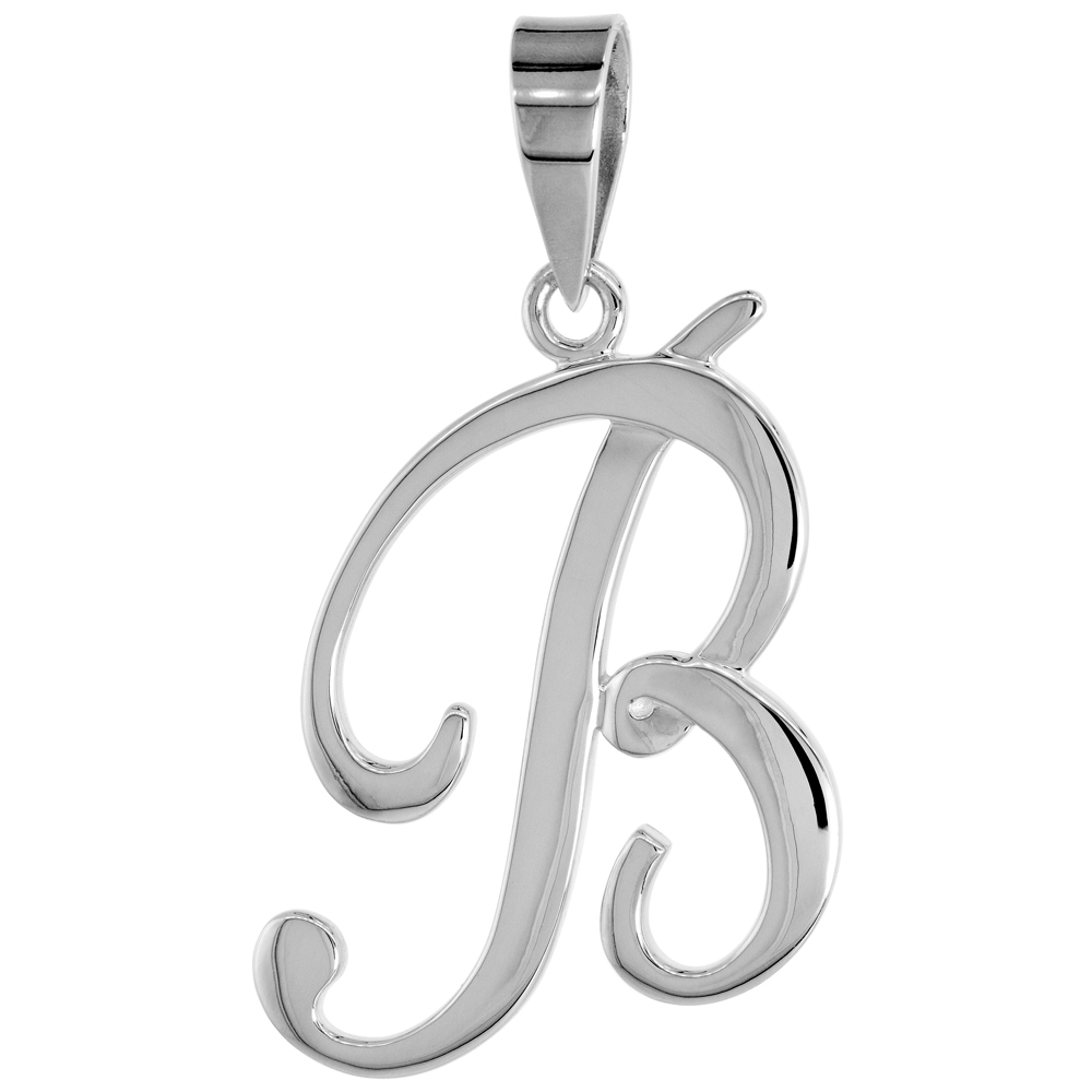 Sterling Silver Script Initial Letter B Alphabet Pendant Flawless Polish, 1 1/2 inch high