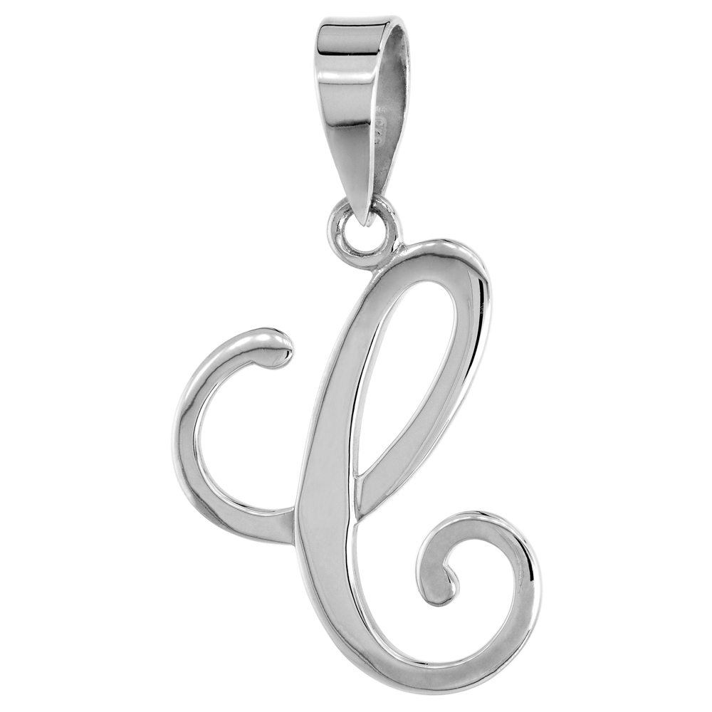 Sterling Silver Script Initial Letter C Alphabet Pendant Flawless Polish, 1 1/2 inch high