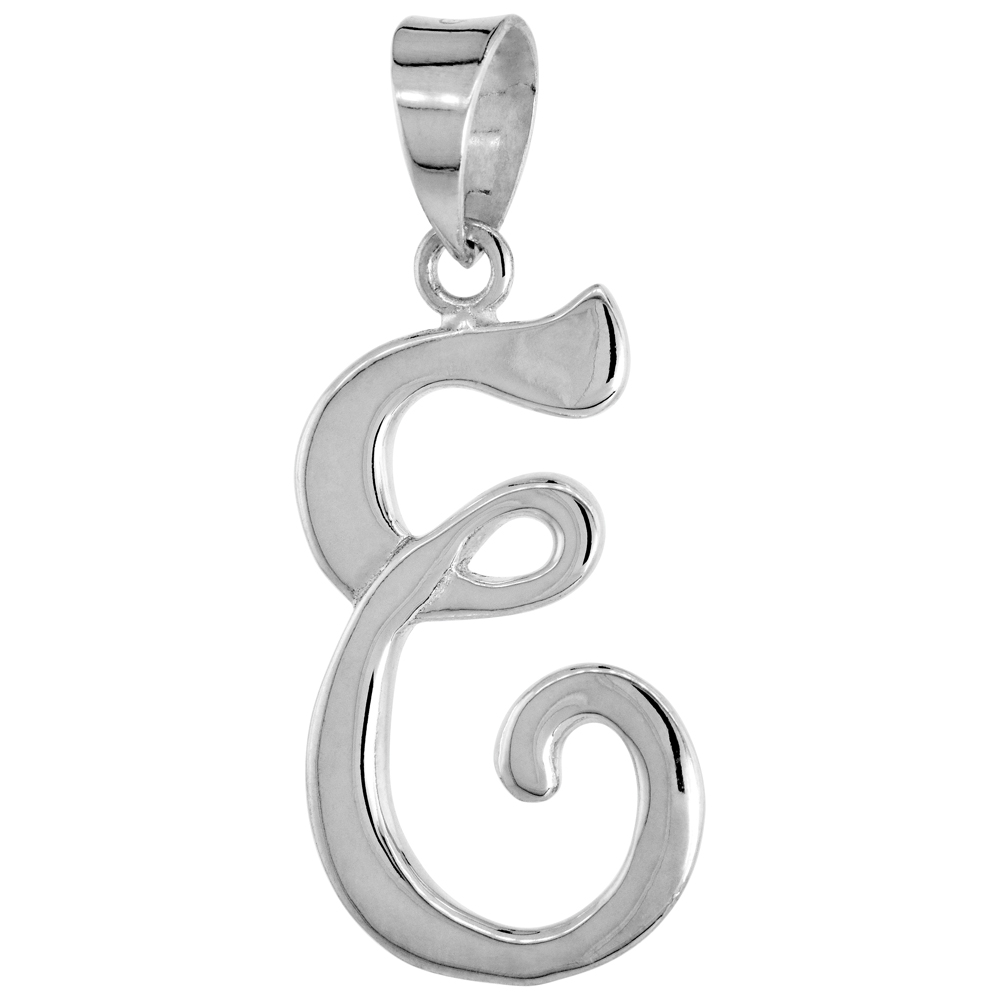 Sterling Silver Script Initial Letter E Alphabet Pendant Flawless Polish, 1 1/2 inch high