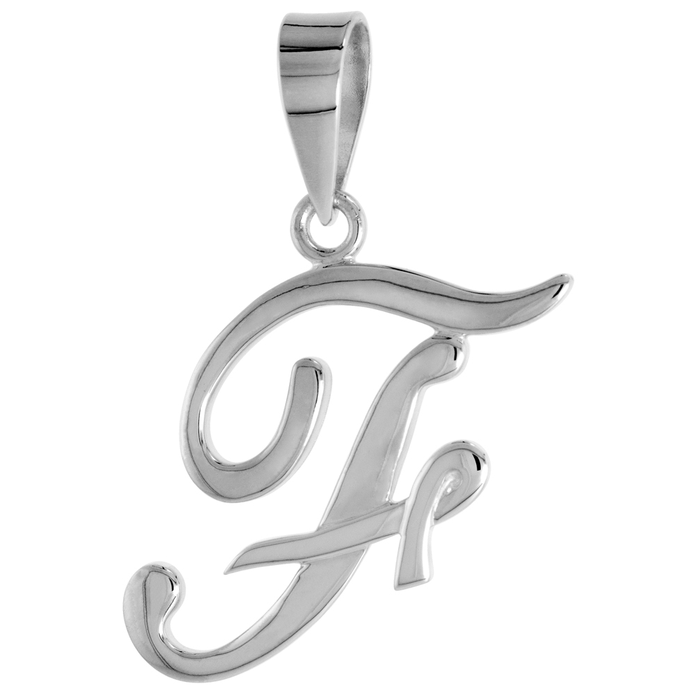 Sterling Silver Script Initial Letter F Alphabet Pendant Flawless Polish, 1 1/2 inch high