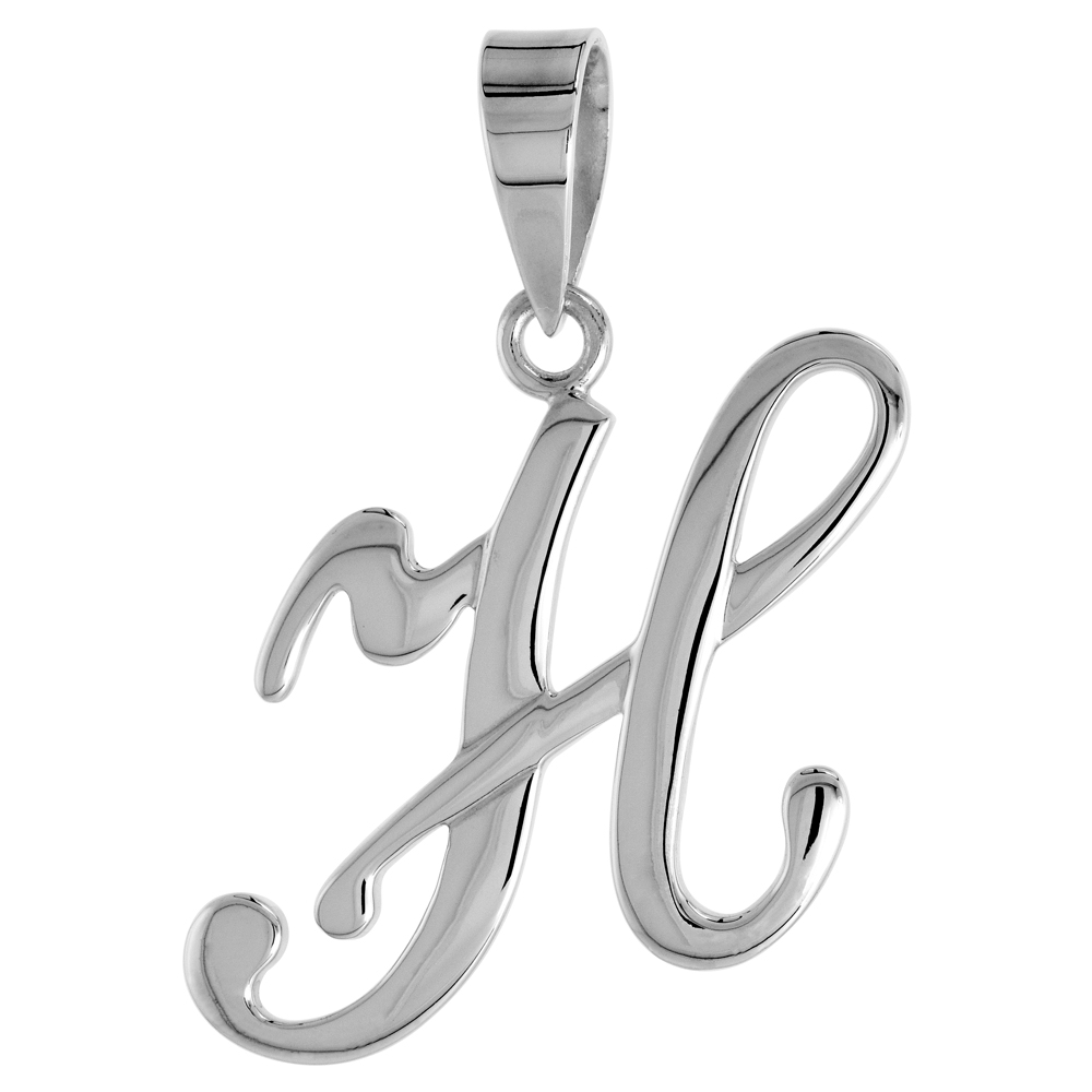 Sterling Silver Script Initial Letter H Alphabet Pendant Flawless Polish, 1 1/2 inch high