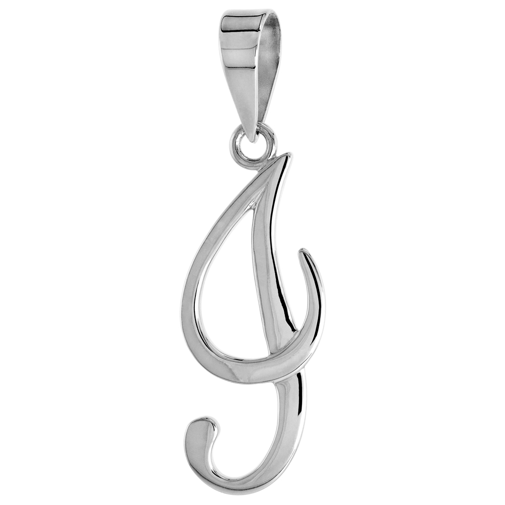 Sterling Silver Script Initial Letter I Alphabet Pendant Flawless Polish, 1 1/2 inch high