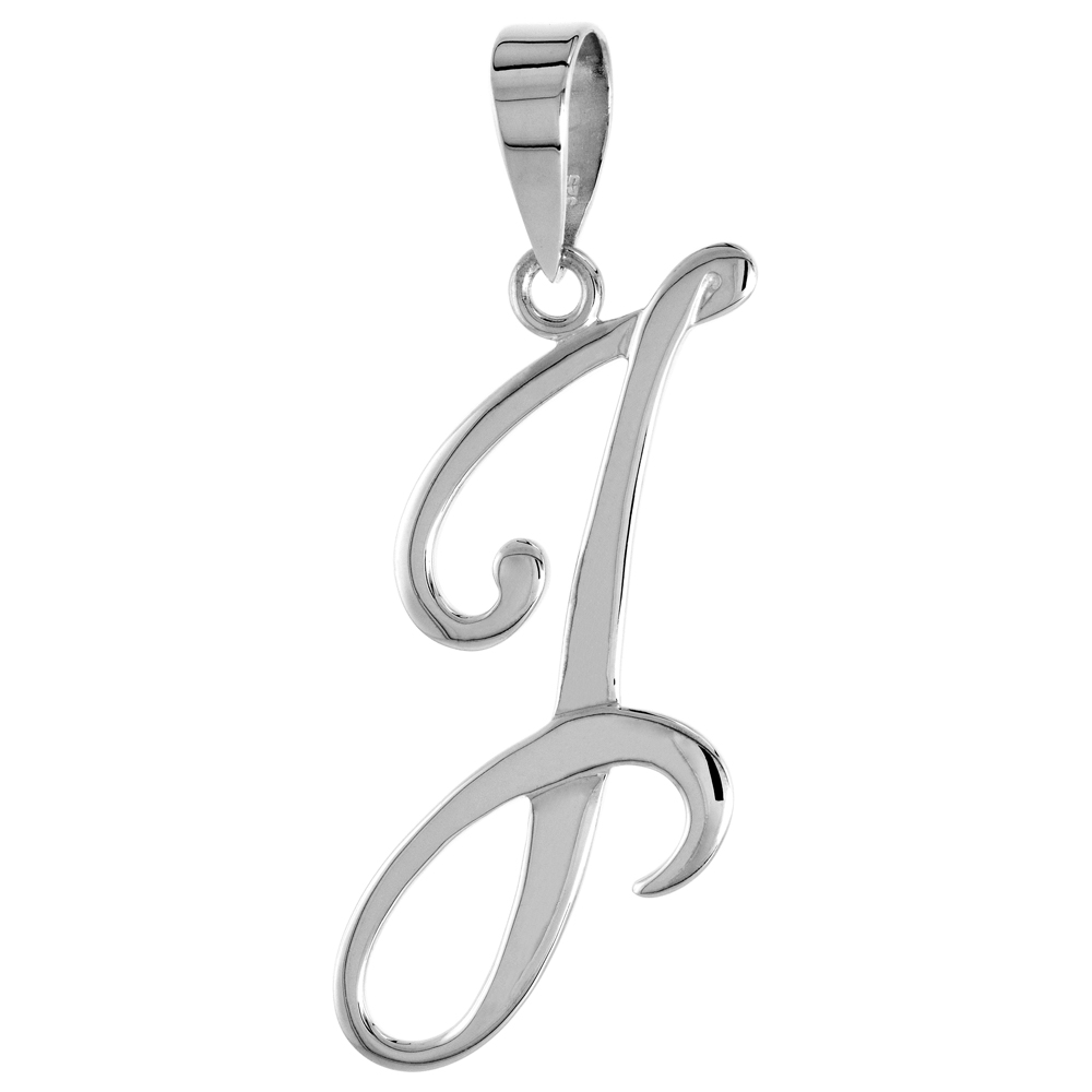 Sterling Silver Script Initial Letter J Alphabet Pendant Flawless Polish, 1 1/2 inch high