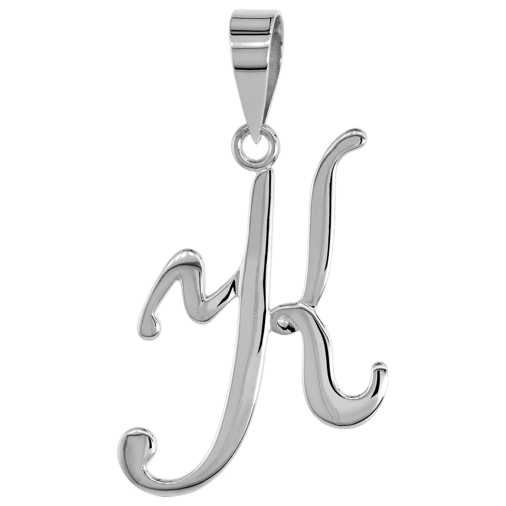 Sterling Silver Script Initial Letter K Alphabet Pendant Flawless Polish, 1 1/2 inch high