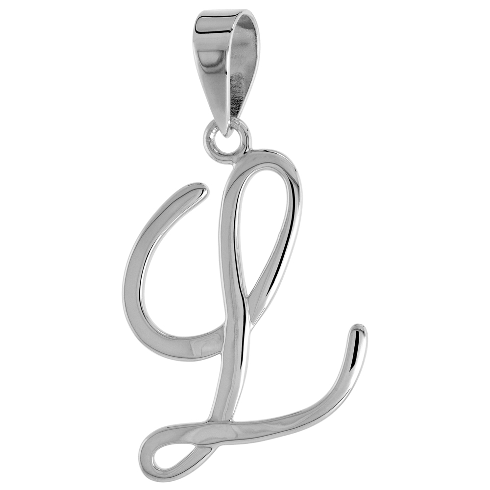 Sterling Silver Script Initial Letter L Alphabet Pendant Flawless Polish, 1 1/2 inch high