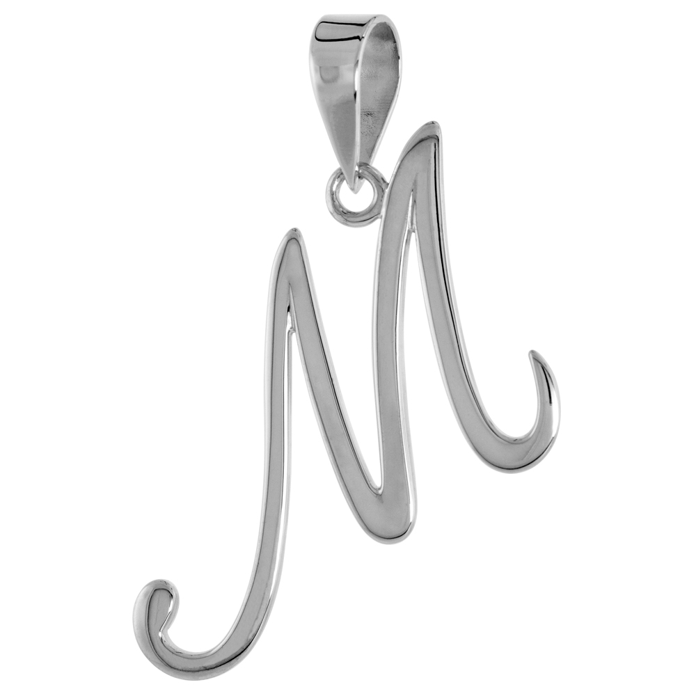 Sterling Silver Script Initial Letter M Alphabet Pendant Flawless Polish, 1 1/2 inch high