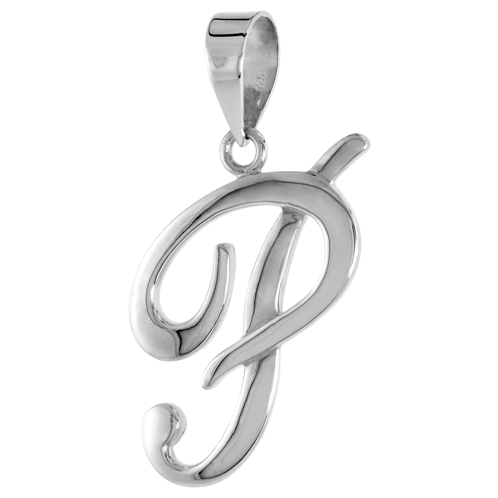 Sterling Silver Script Initial Letter P Alphabet Pendant Flawless Polish, 1 1/2 inch high