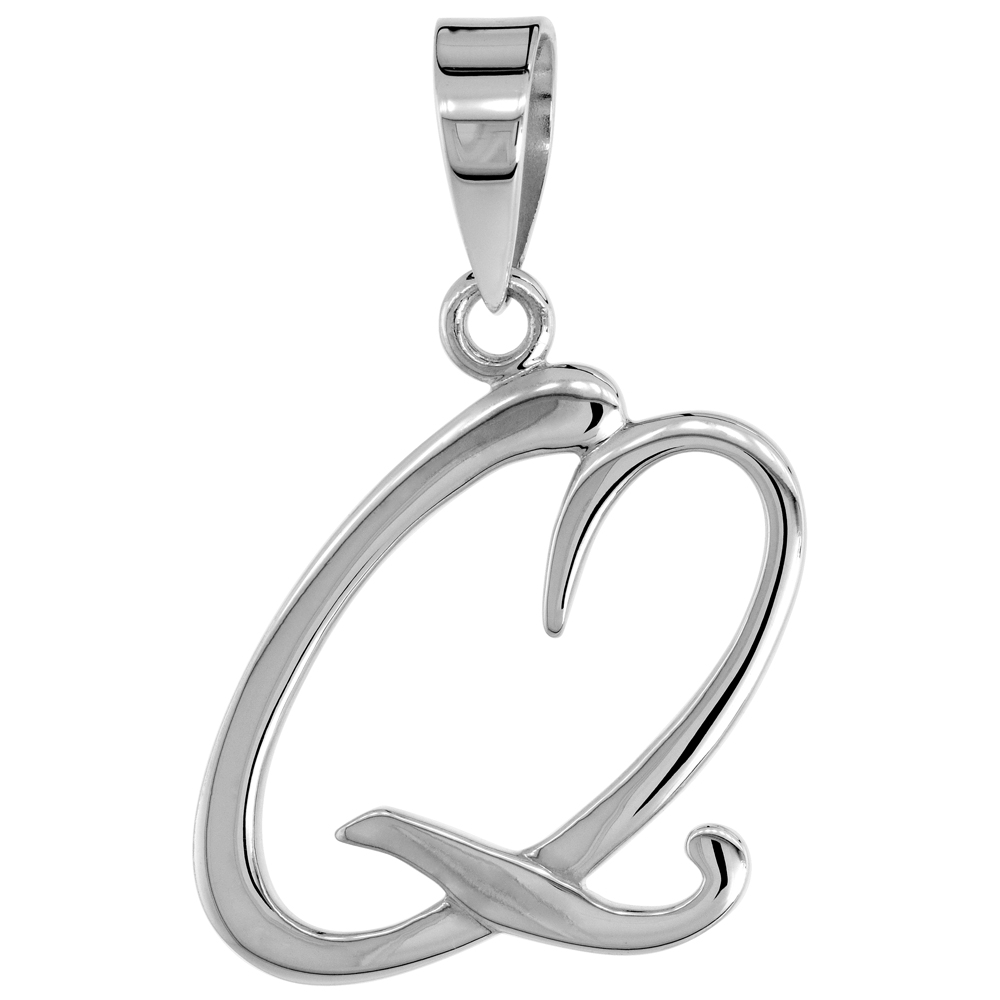 Sterling Silver Script Initial Letter Q Alphabet Pendant Flawless Polish, 1 1/2 inch high