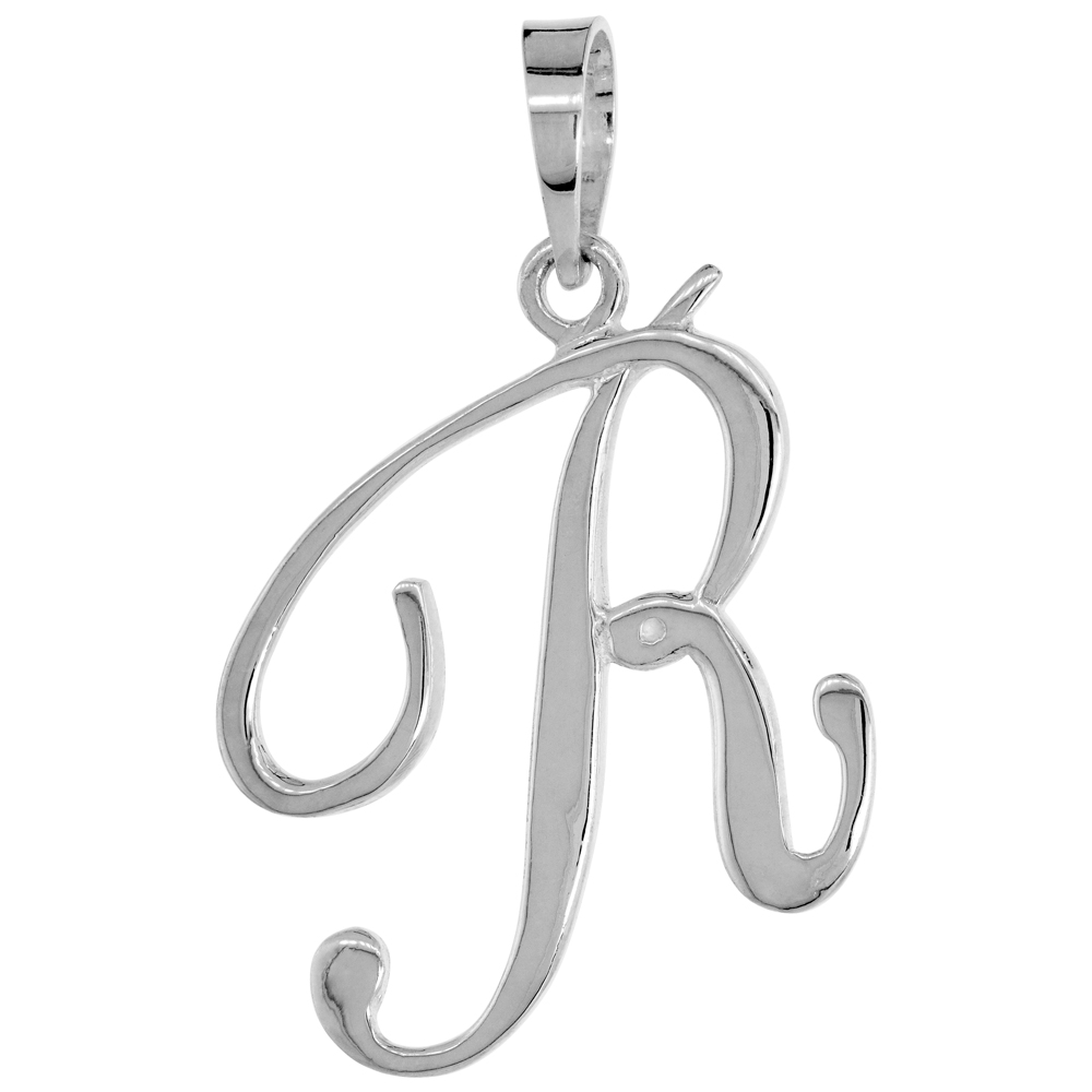 Sterling Silver Script Initial Letter R Alphabet Pendant Flawless Polish, 1 1/2 inch high