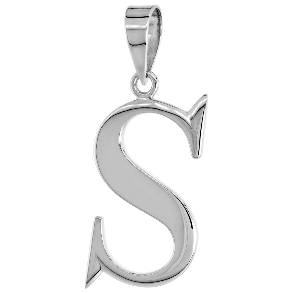 Sterling Silver Script Initial Letter S Alphabet Pendant Flawless Polish, 1 1/2 inch high