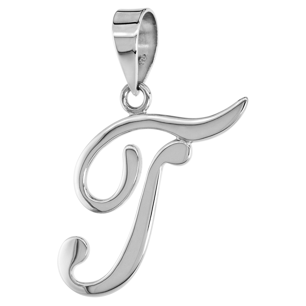 Sterling Silver Script Initial Letter T Alphabet Pendant Flawless Polish, 1 1/2 inch high