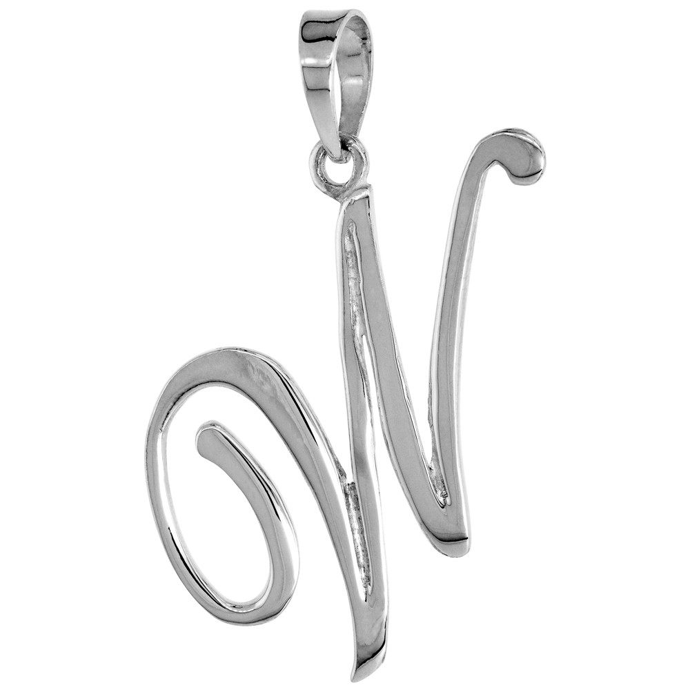 Sterling Silver Script Initial Letter W Alphabet Pendant Flawless Polish, 1 1/2 inch high