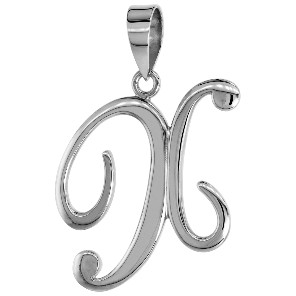 Sterling Silver Script Initial Letter X Alphabet Pendant Flawless Polish, 1 1/2 inch high