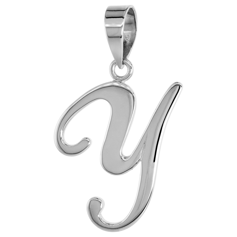Sterling Silver Script Initial Letter Y Alphabet Pendant Flawless Polish, 1 1/2 inch high