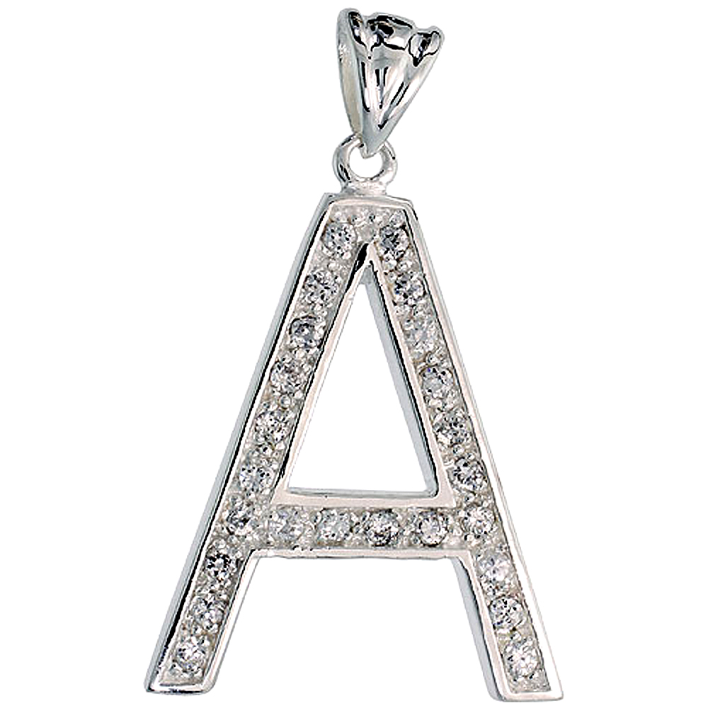 Sterling Silver Cubic Zirconia Block Initial Letter A Alphabet Pendant Large, 1 5/8 inch