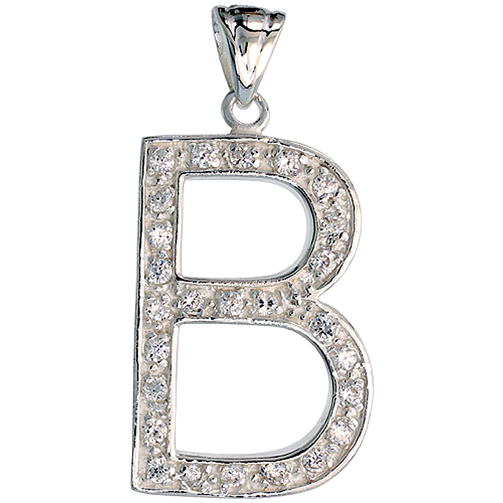 Sterling Silver Cubic Zirconia Block Initial Letter B Alphabet Pendant Large, 1 5/8 inch