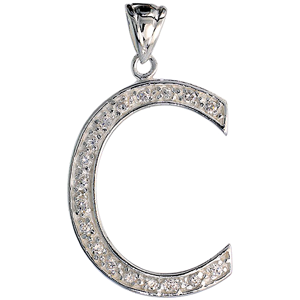 Sterling Silver Cubic Zirconia Block Initial Letter C Alphabet Pendant Large, 1 5/8 inch