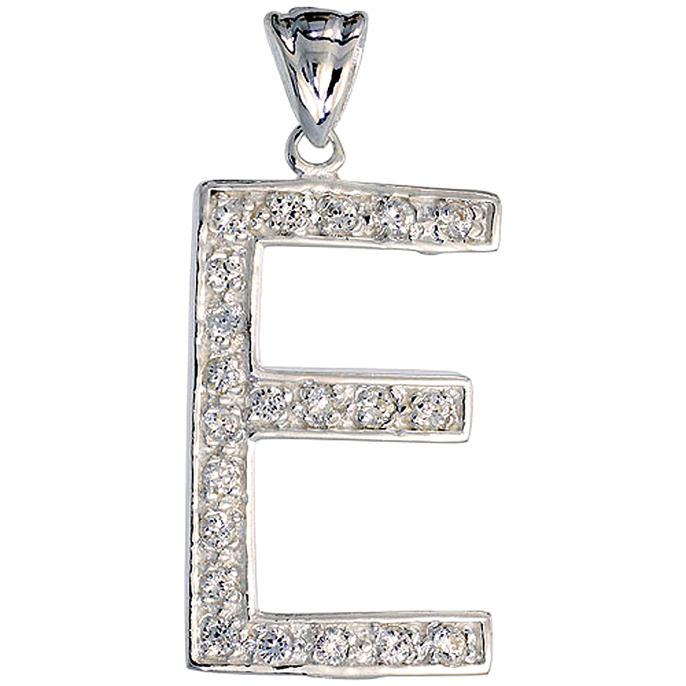 Sterling Silver Cubic Zirconia Block Initial Letter E Alphabet Pendant Large, 1 5/8 inch