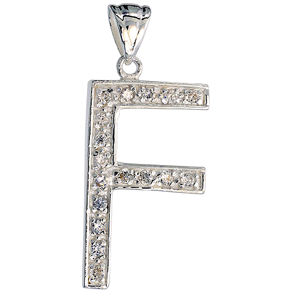 Sterling Silver Cubic Zirconia Block Initial Letter F Alphabet Pendant Large, 1 5/8 inch