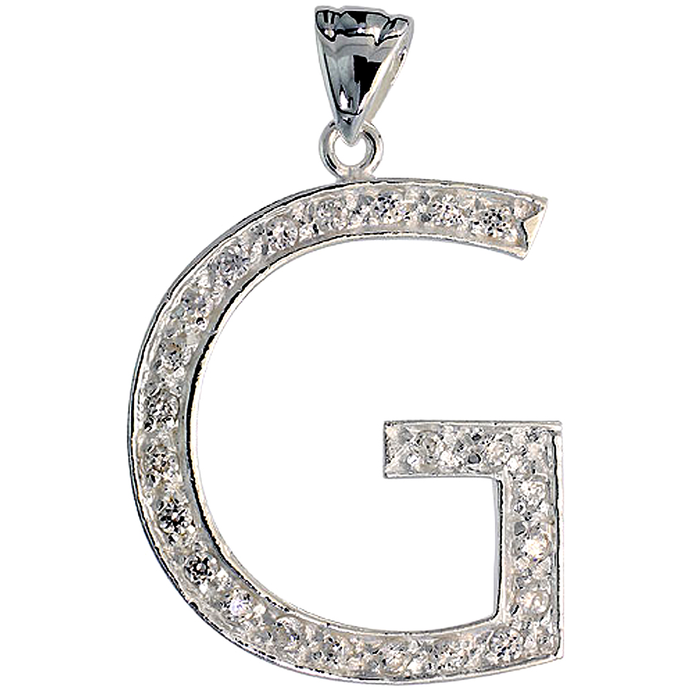 Sterling Silver Cubic Zirconia Block Initial Letter G Alphabet Pendant Large, 1 5/8 inch