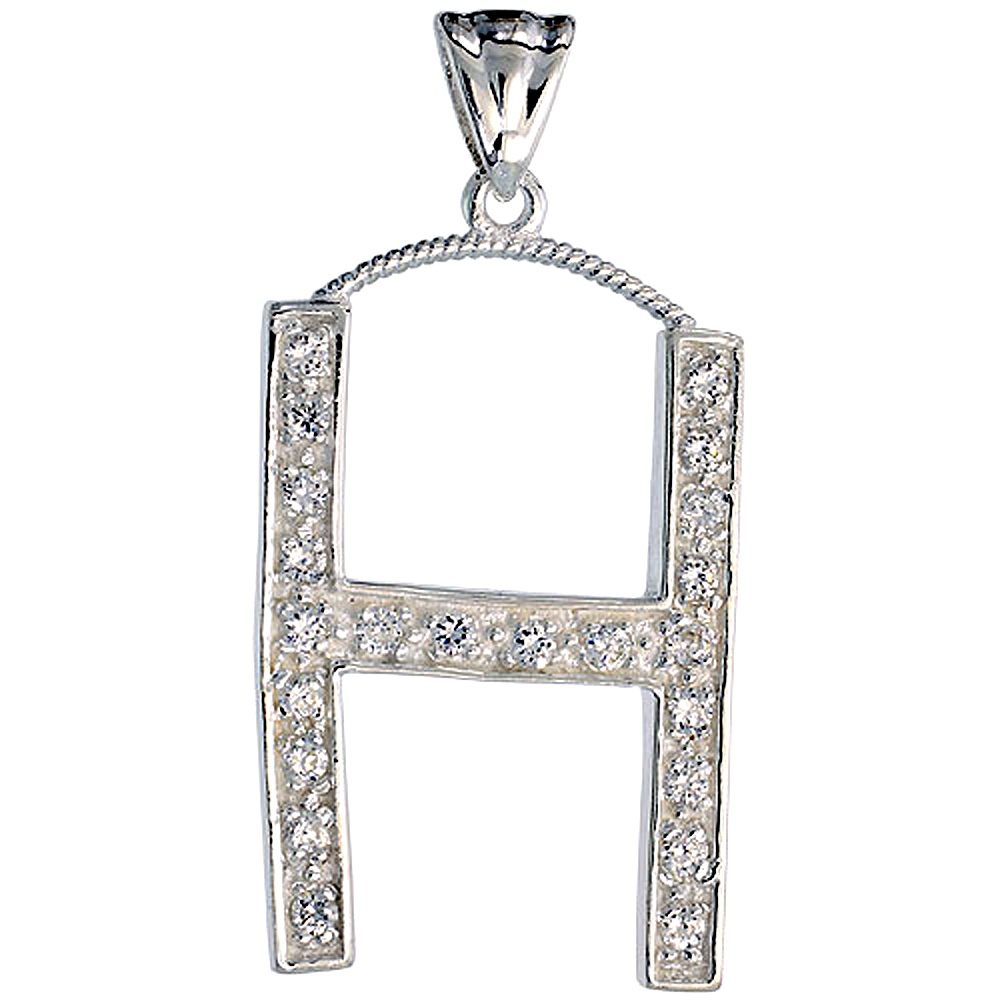 Sterling Silver Cubic Zirconia Block Initial Letter H Alphabet Pendant Large, 1 5/8 inch