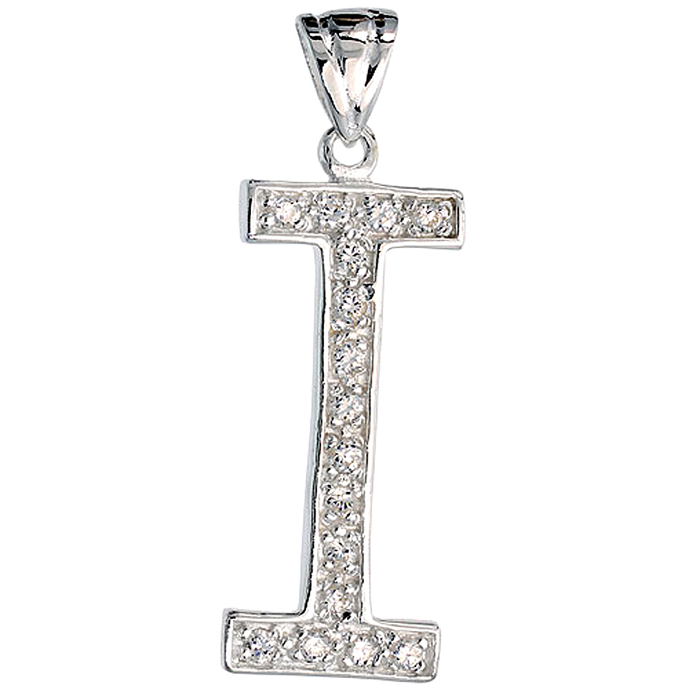 Sterling Silver Cubic Zirconia Block Initial Letter I Alphabet Pendant Large, 1 5/8 inch