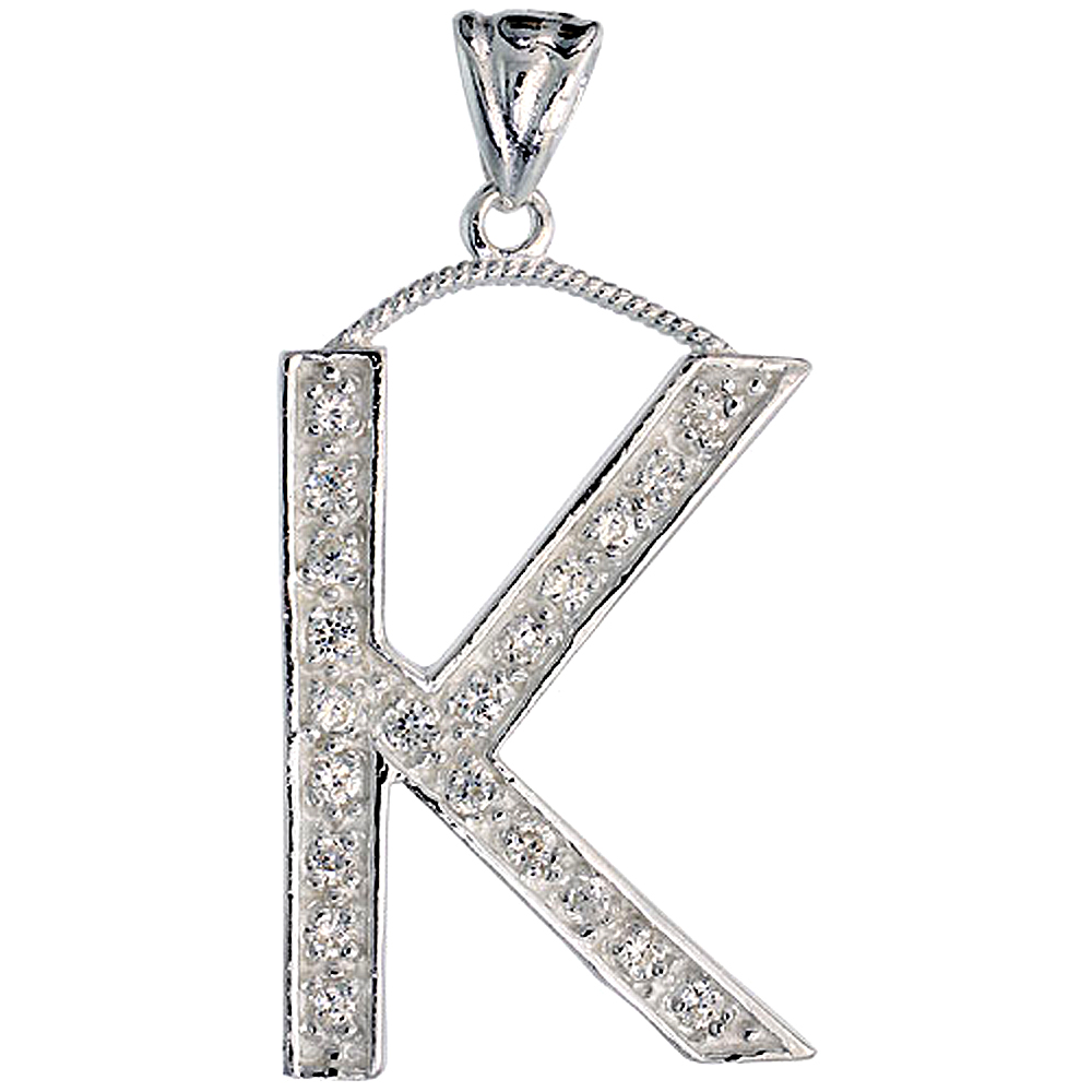 Sterling Silver Cubic Zirconia Block Initial Letter K Alphabet Pendant Large, 1 5/8 inch