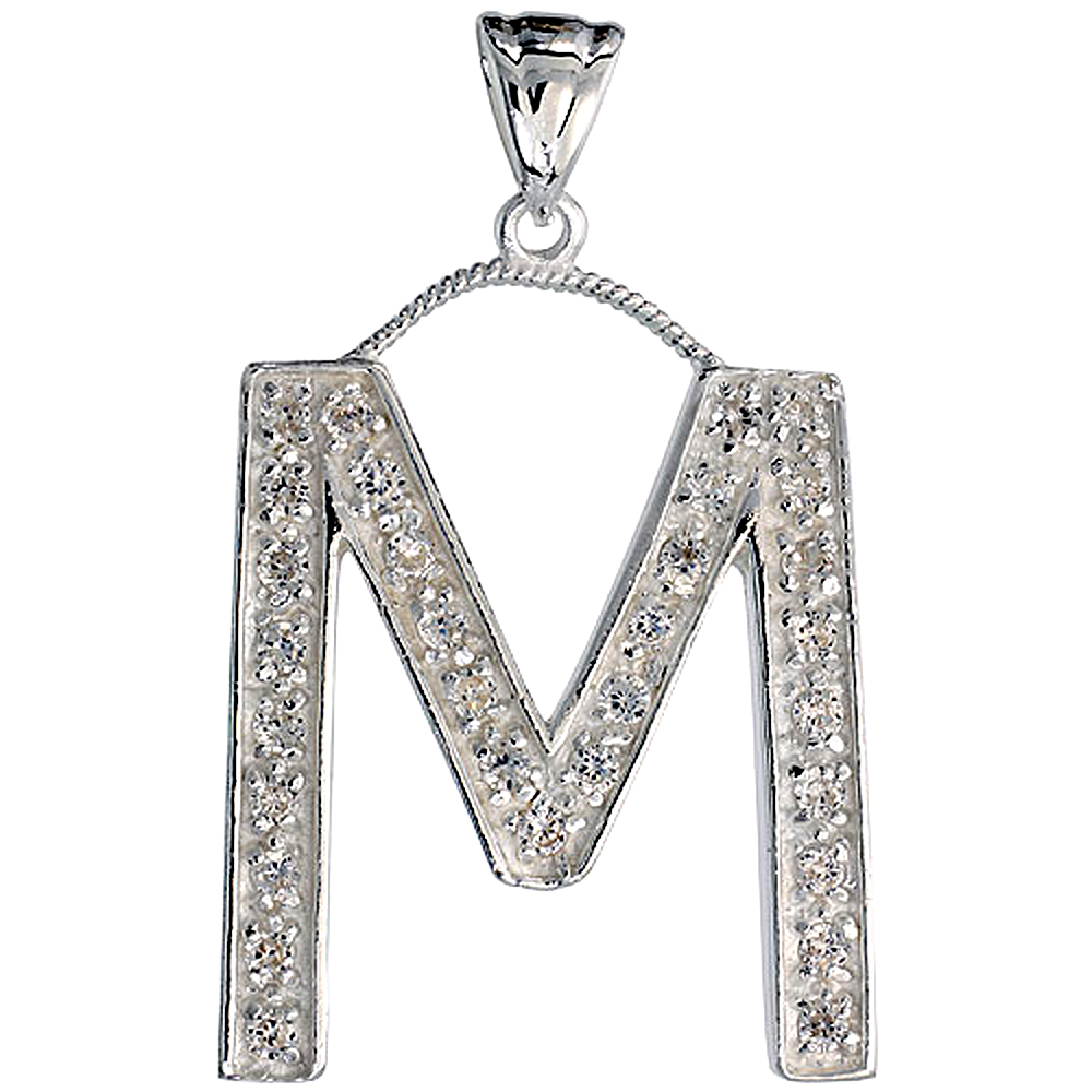 Sterling Silver Cubic Zirconia Block Initial Letter M Alphabet Pendant Large, 1 5/8 inch