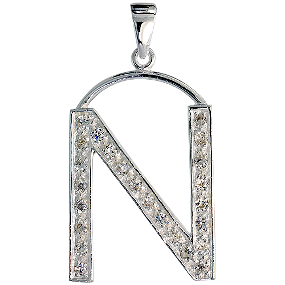 Sterling Silver Cubic Zirconia Block Initial Letter N Alphabet Pendant Large, 1 5/8 inch