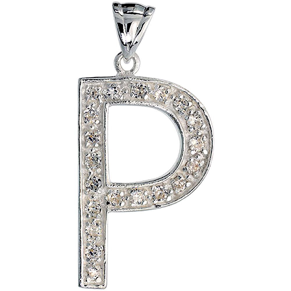 Sterling Silver Cubic Zirconia Block Initial Letter P Alphabet Pendant Large, 1 5/8 inch