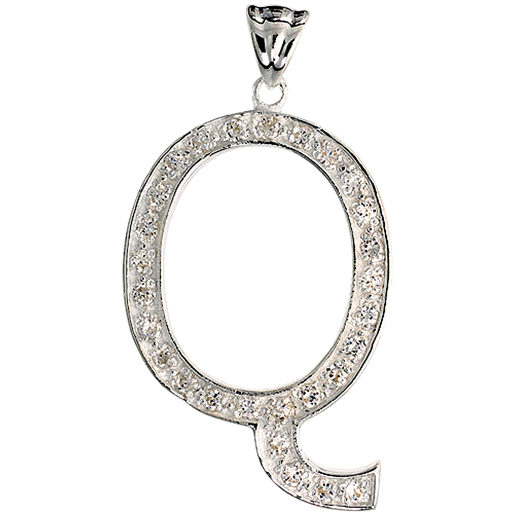 Sterling Silver Cubic Zirconia Block Initial Letter Q Alphabet Pendant Large, 1 5/8 inch