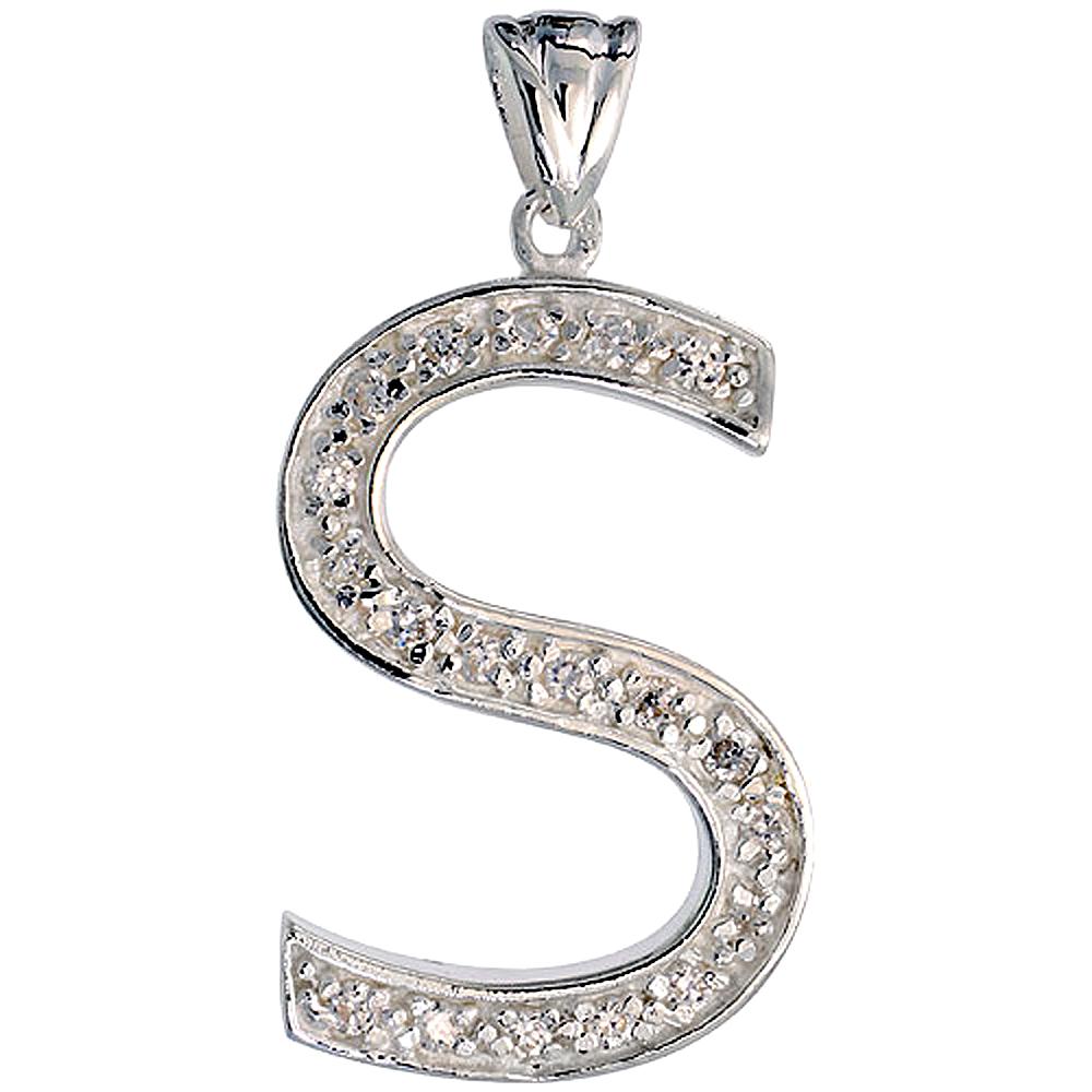 Sterling Silver Cubic Zirconia Block Initial Letter S Alphabet Pendant Large, 1 5/8 inch