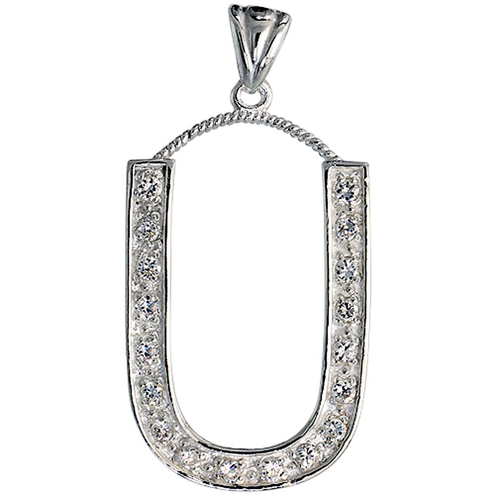 Sterling Silver Cubic Zirconia Block Initial Letter U Alphabet Pendant Large, 1 5/8 inch