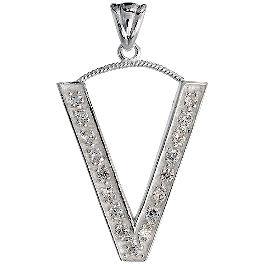 Sterling Silver Cubic Zirconia Block Initial Letter V Alphabet Pendant Large, 1 5/8 inch