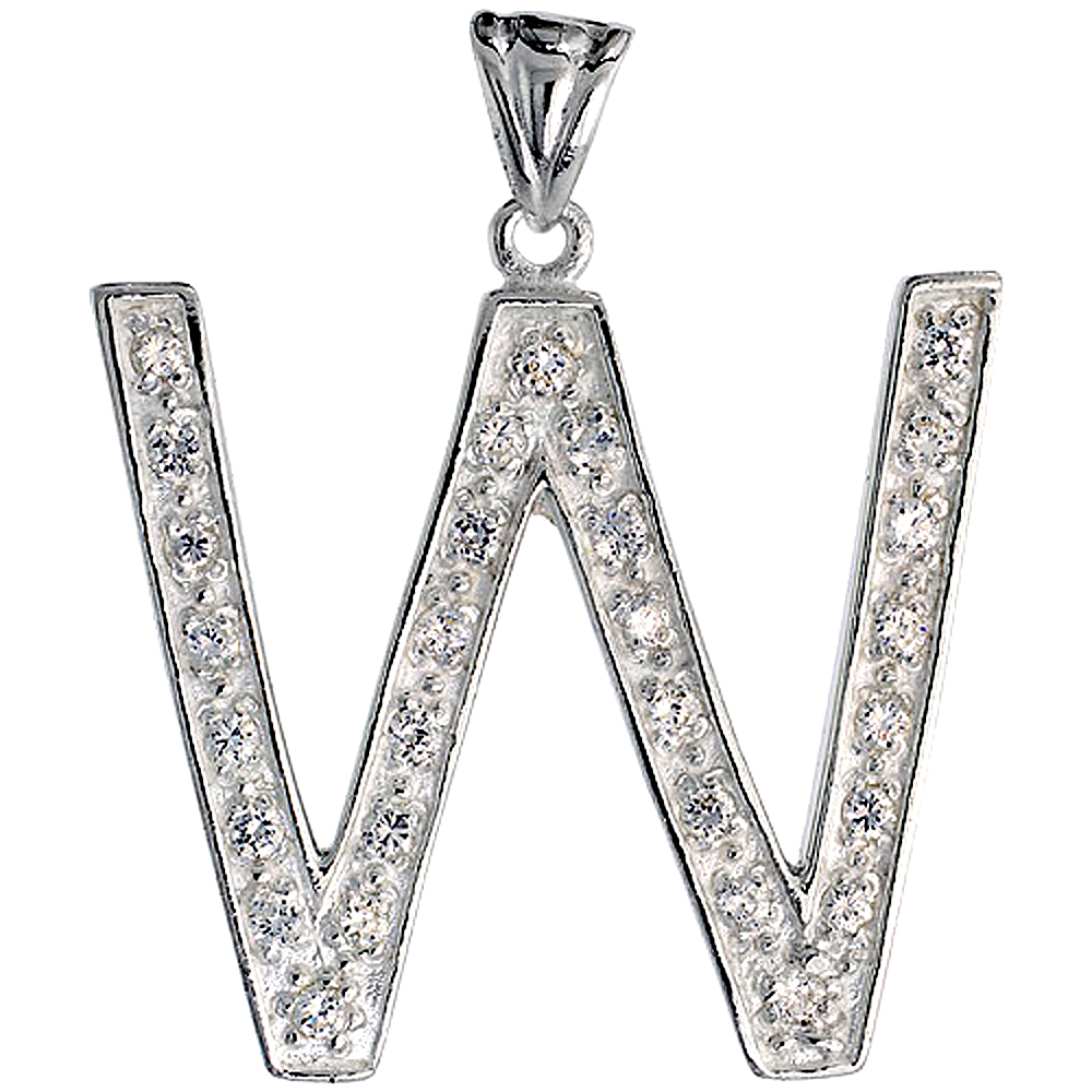 Sterling Silver Cubic Zirconia Block Initial Letter W Alphabet Pendant Large, 1 5/8 inch