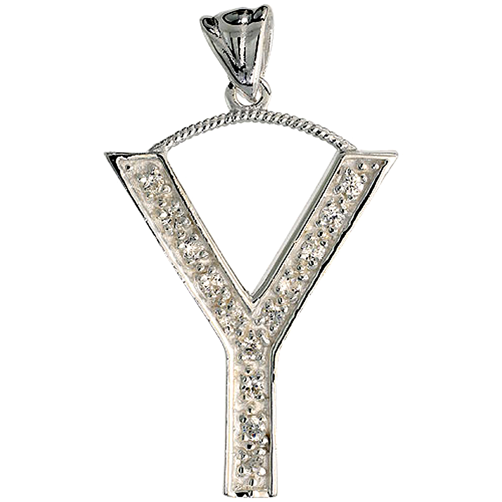 Sterling Silver Cubic Zirconia Block Initial Letter Y Alphabet Pendant Large, 1 5/8 inch